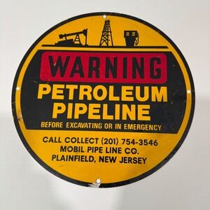 Mobil Petroleum Pipeline Sign Vintage 12" Yellow Warning Oil Gas Metal Decor